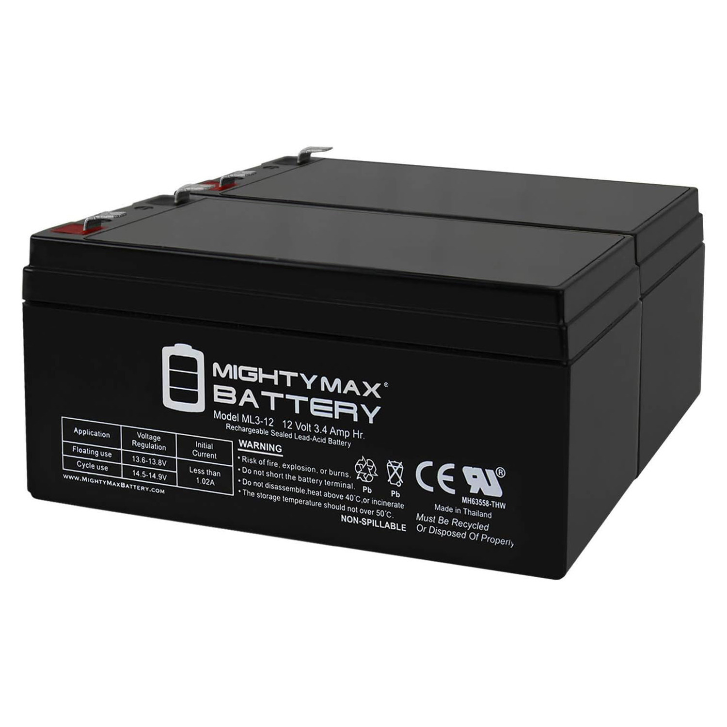 ML3-12 - 12V 3AH Replacement Battery for Yuasa NP3.4-12, NP 3.4-12 Btty - 2 Pack