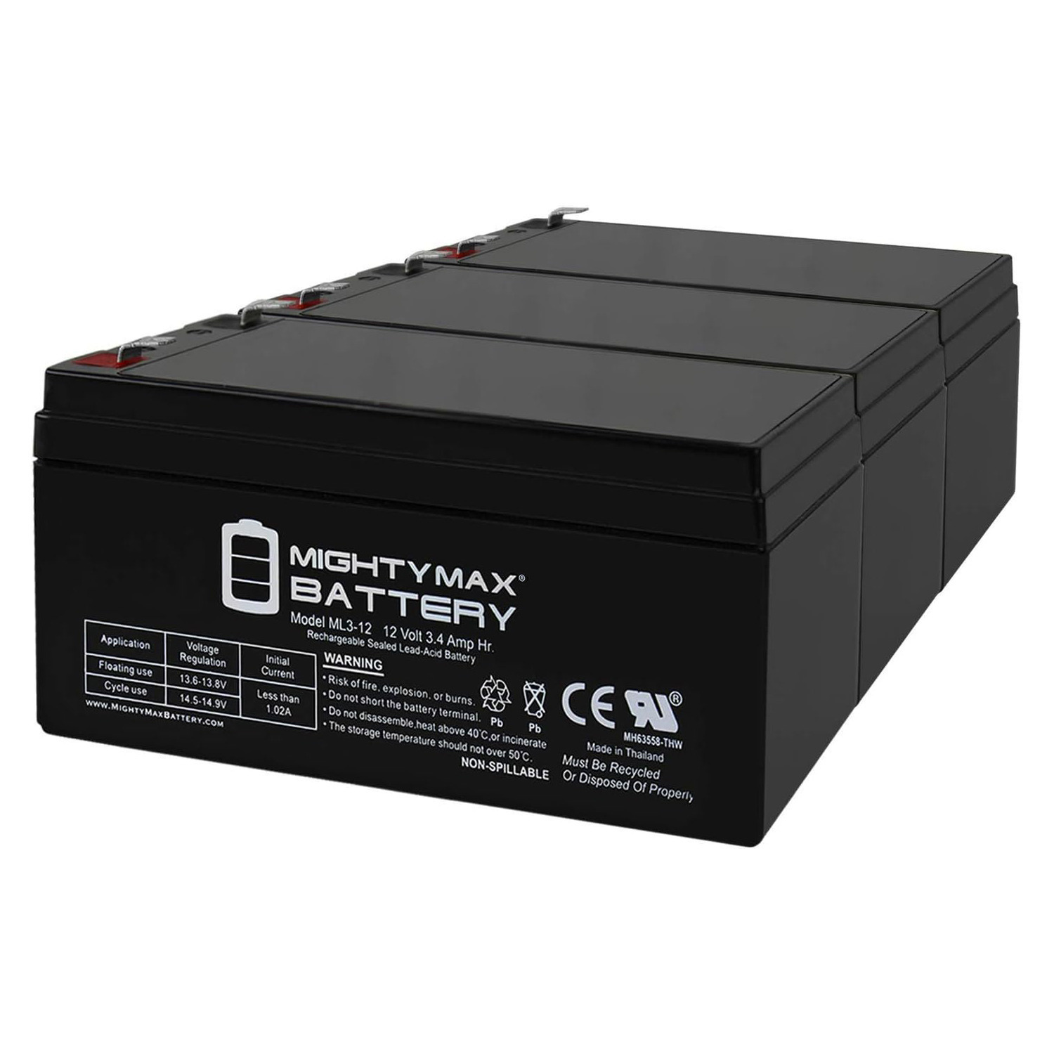 ML3-12 - 12V 3AH Replacement Battery for Yuasa NP3.4-12, NP 3.4-12 Btty - 3 Pack