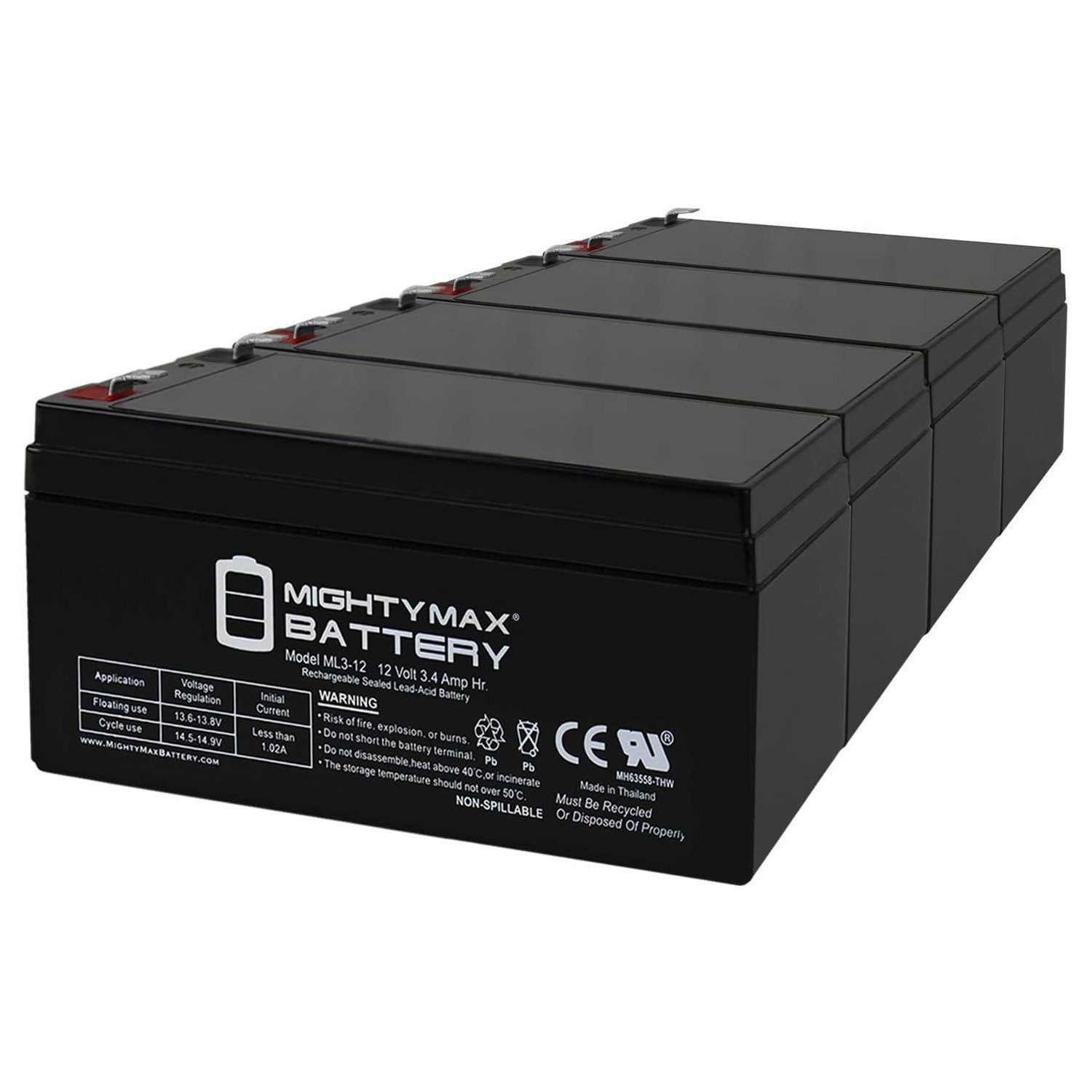 ML3-12 - 12V 3AH Replacement Battery for Yuasa NP3.4-12, NP 3.4-12 Btty - 4 Pack