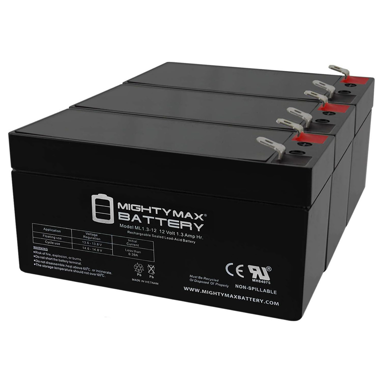 12V 1.3Ah Datashield UPS Replacement Battery - 3 Pack