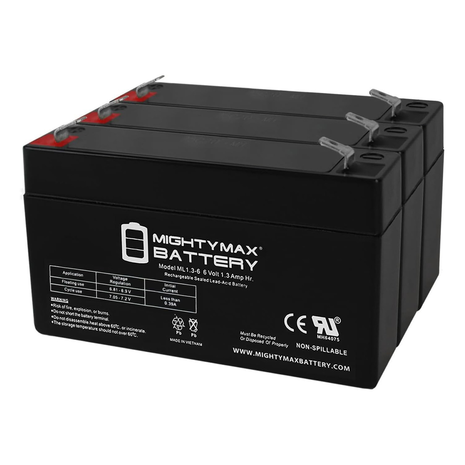 6V 1.3Ah SLA Battery replaces pe6v1.2 bp1.2-6 es1.2-6 cb-1.3-6 - 3 Pack