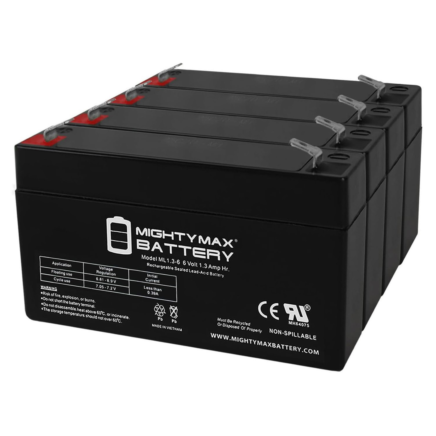 6V 1.3Ah SLA Battery replaces pe6v1.2 bp1.2-6 es1.2-6 cb-1.3-6 - 4 Pack
