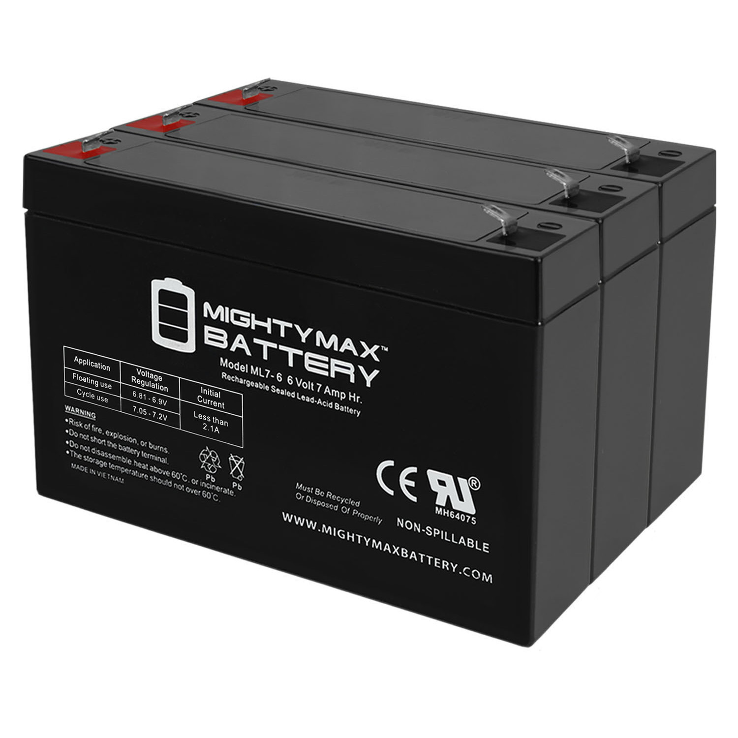 6v 7000 mAh UPS Battery Replacement for GS Portalac PE6V7F1 - 3 Pack