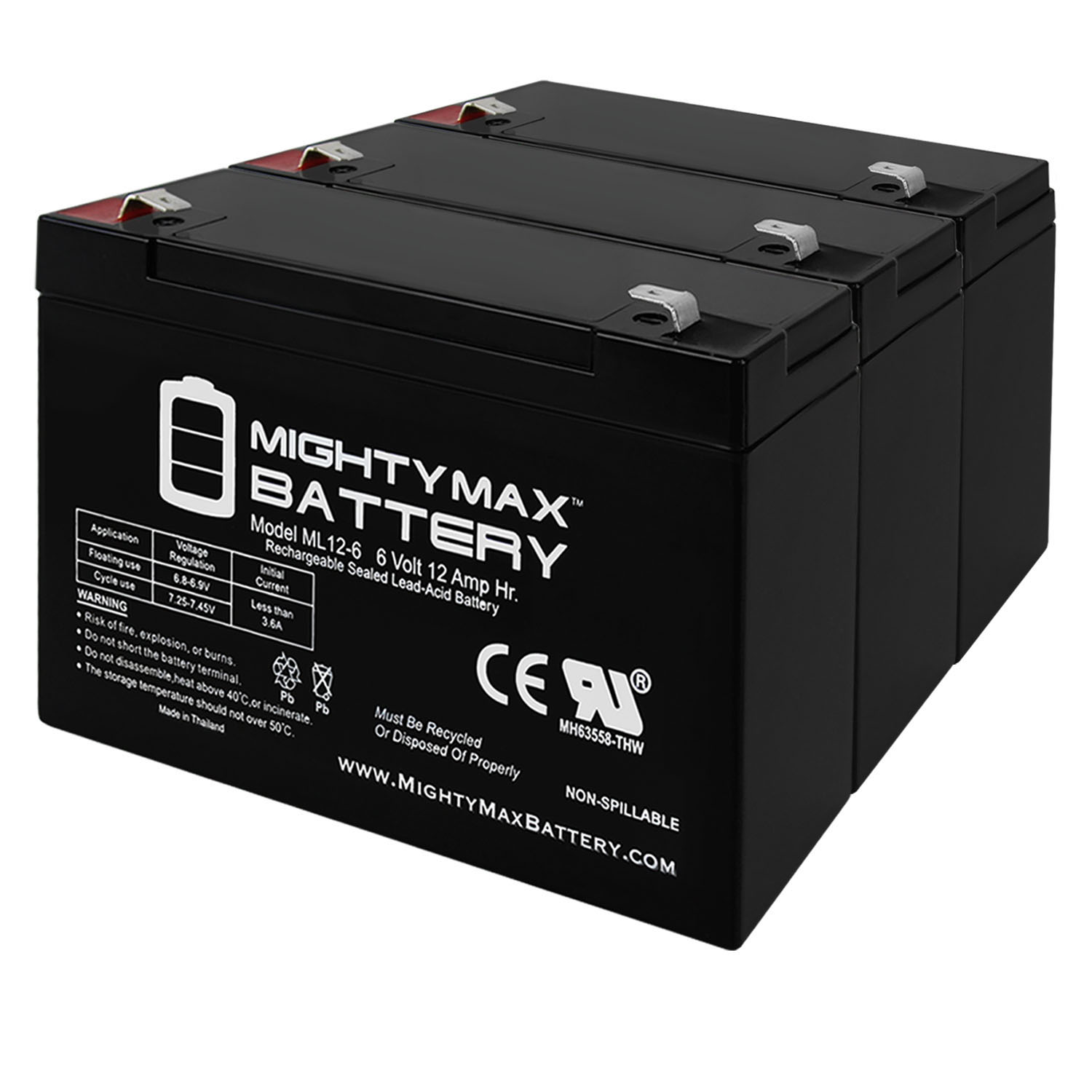 6V 12AH F2 SLA Replacement Battery for Solar Power Banks - 3 Pack
