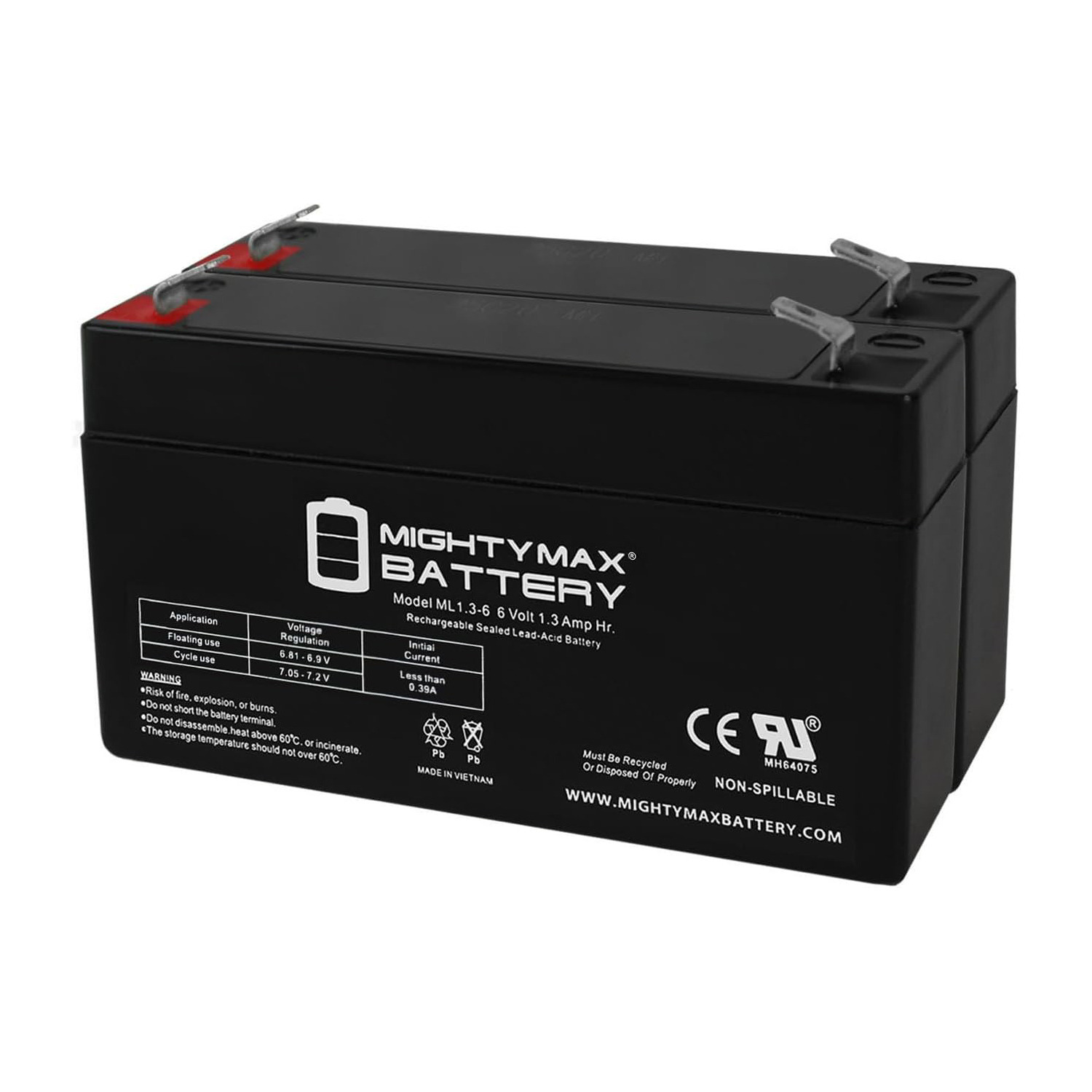 6V 1.3Ah SLA Replacement Battery for Panasonic LC-R6V1.2P - 2 Pack