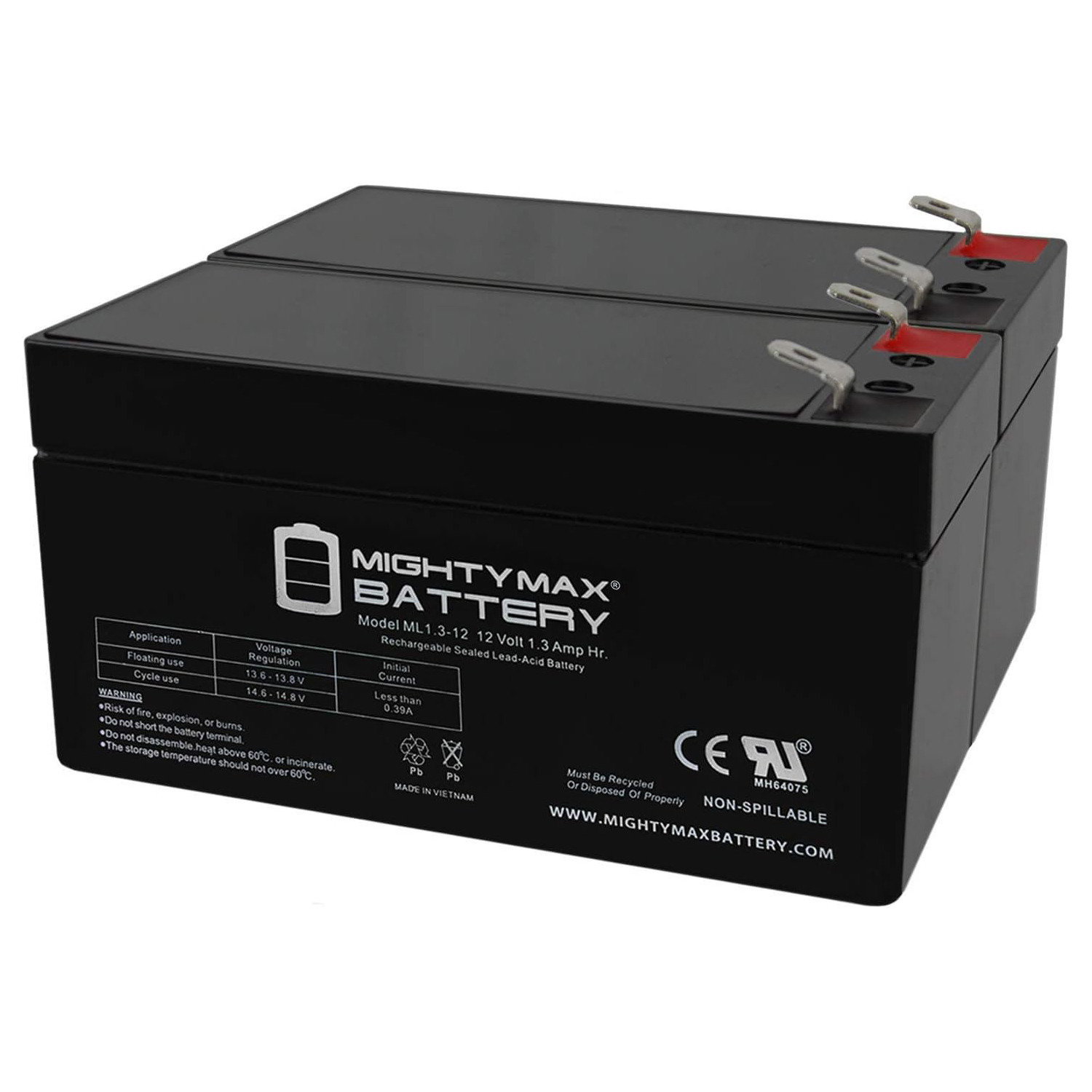 12V 1.3Ah Replacement Battery for Batterymart SLA-12V1-3 - 2 Pack