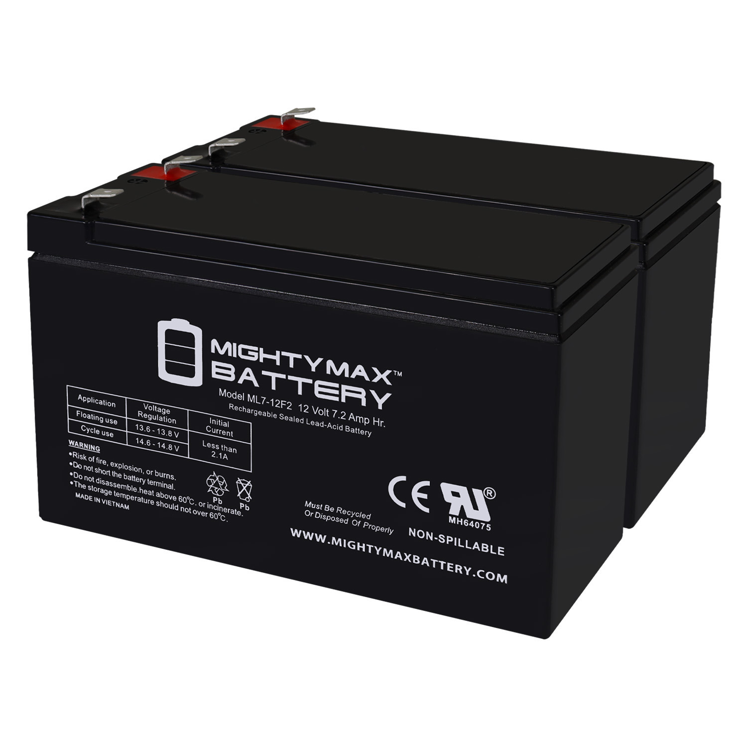12V 7Ah F2 Replacement Battery for Vision CP1290L - 2 Pack