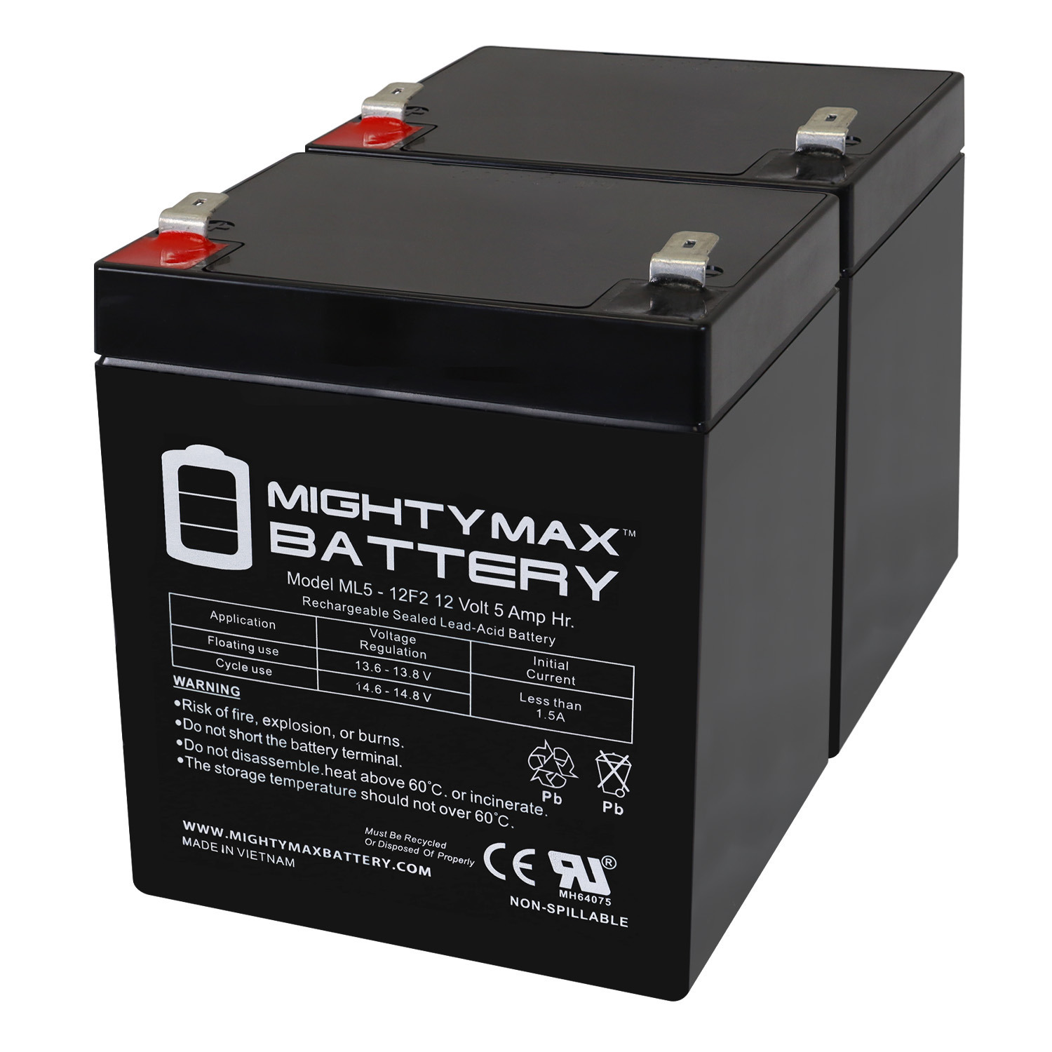 Mighty Max Battery ML5-12F2 - 12 Volt 5 AH, F2 Terminal, Rechargeable SLA AGM Battery - Pack of 2