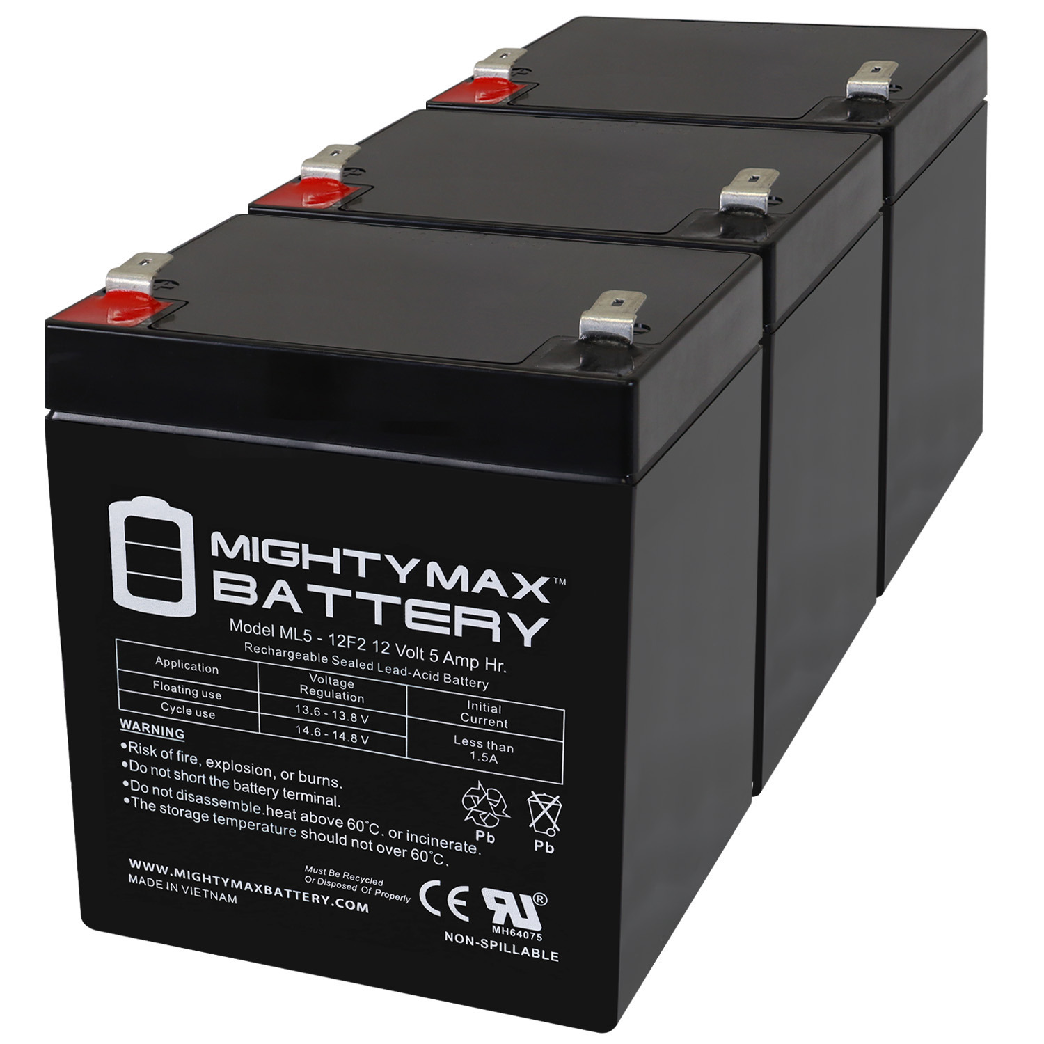 Mighty Max Battery ML5-12F2 - 12 Volt 5 AH, F2 Terminal, Rechargeable SLA AGM Battery - Pack of 3