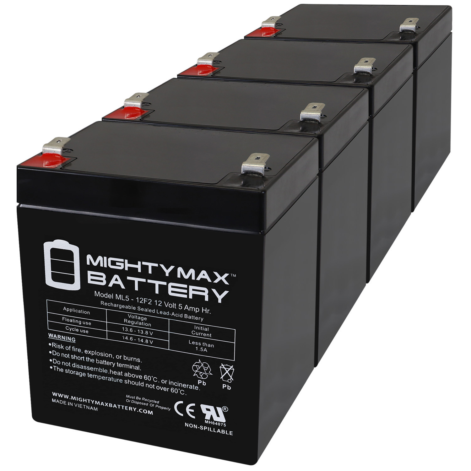 Mighty Max Battery ML5-12F2 - 12 Volt 5 AH, F2 Terminal, Rechargeable SLA AGM Battery - Pack of 4