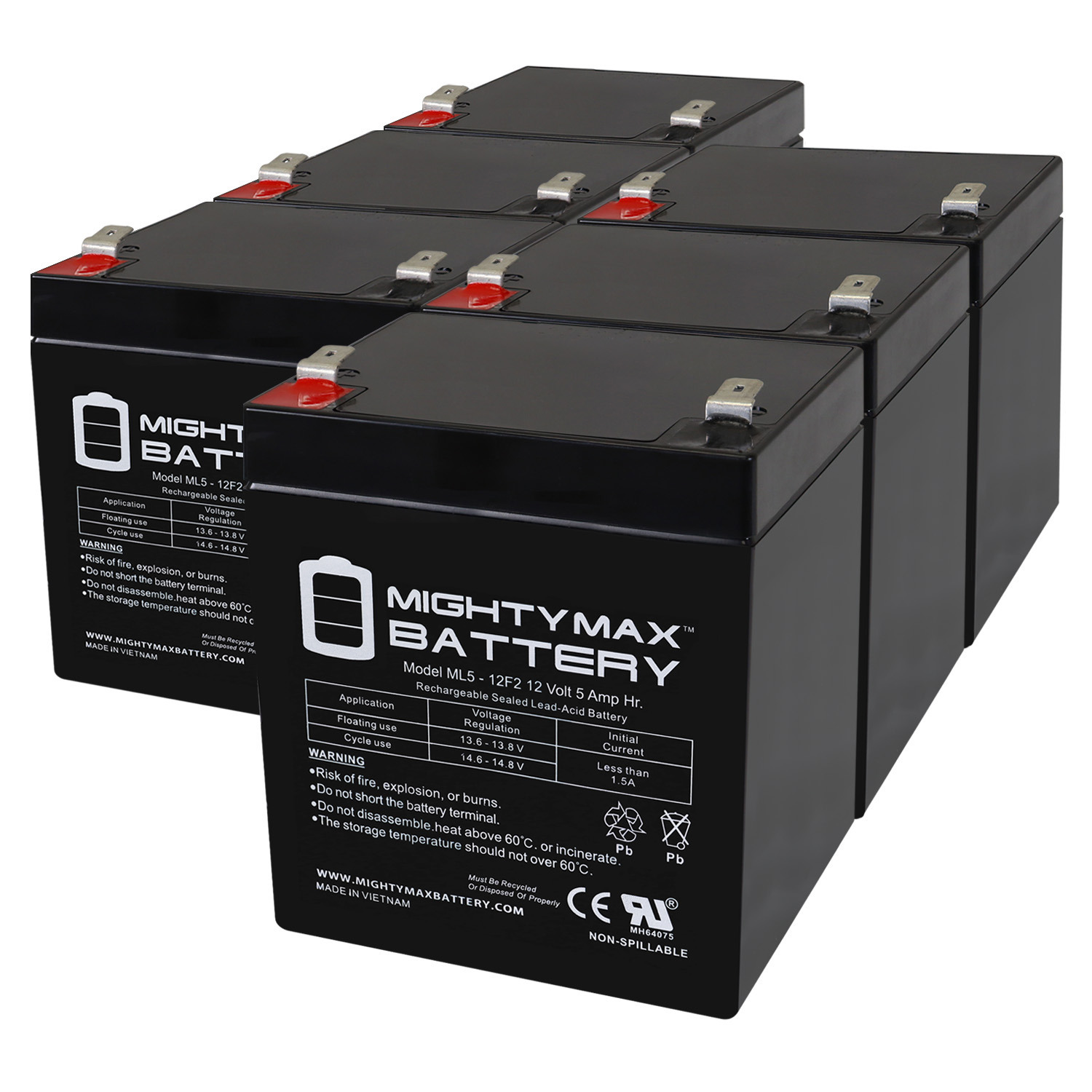 Mighty Max Battery ML5-12F2 - 12 Volt 5 AH, F2 Terminal, Rechargeable SLA AGM Battery - Pack of 6