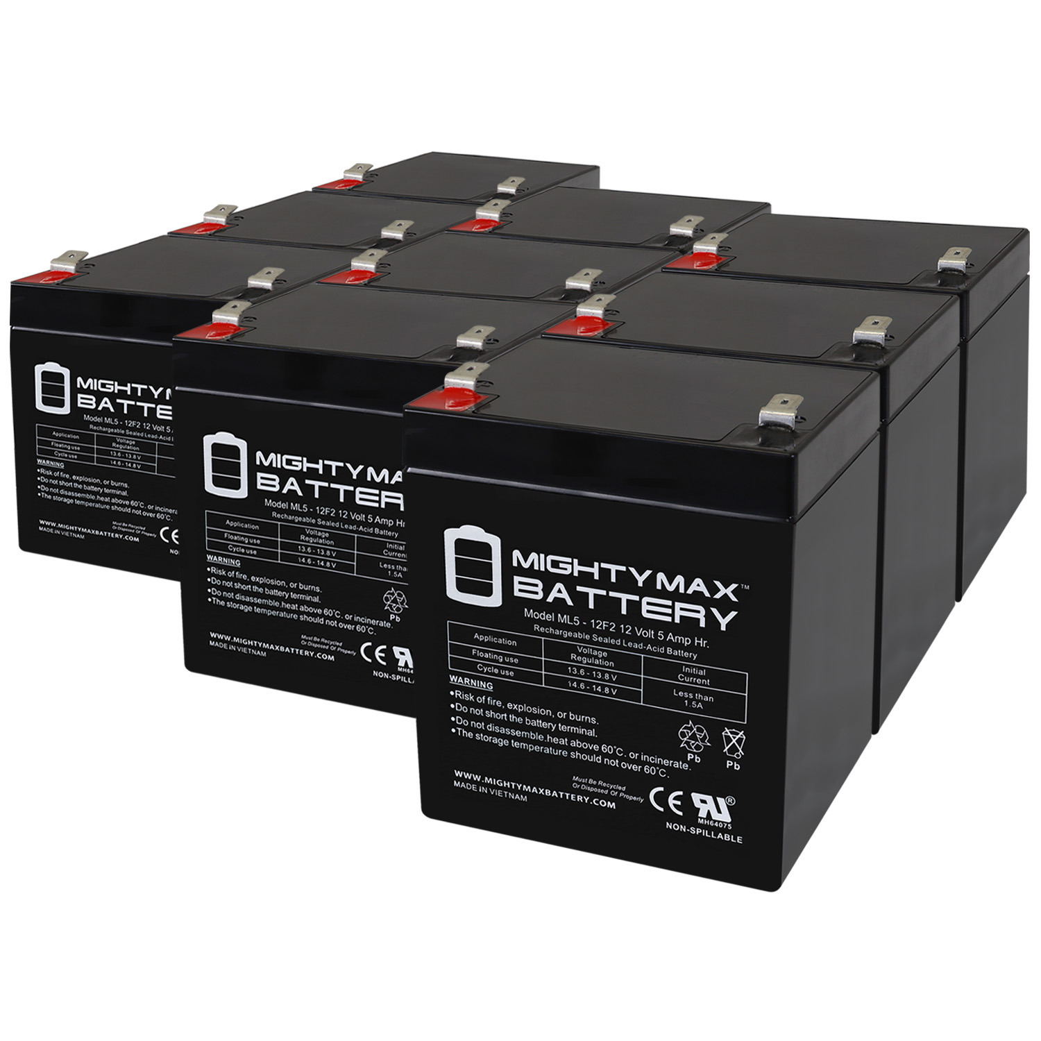 Mighty Max Battery ML5-12F2 - 12 Volt 5 AH, F2 Terminal, Rechargeable SLA AGM Battery - Pack of 9