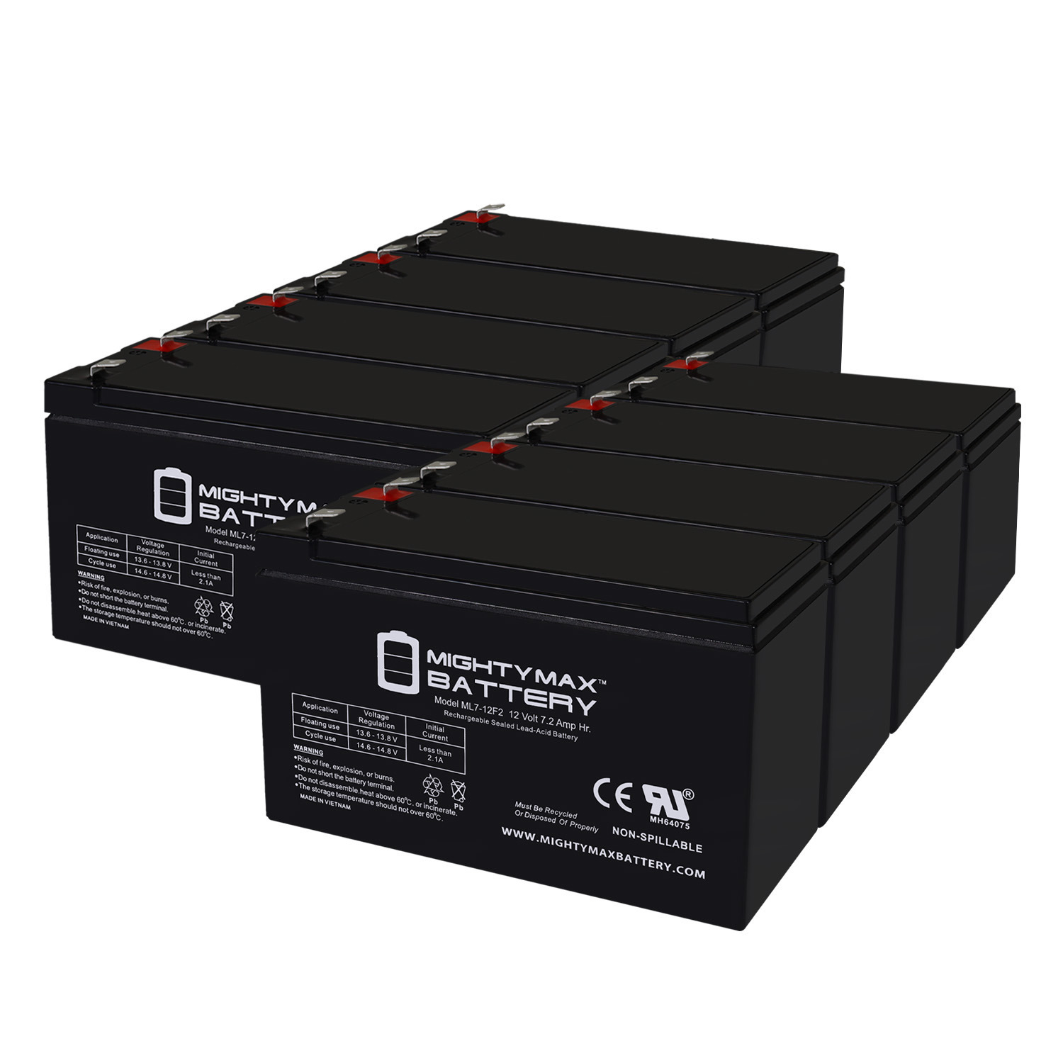 12V 7Ah F2 Replacement Battery for Vision CP1290L - 8 Pack