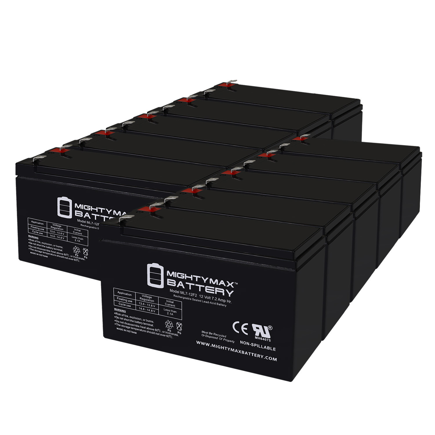 12V 7Ah F2 Replacement Battery for Vision CP1290L - 10 Pack