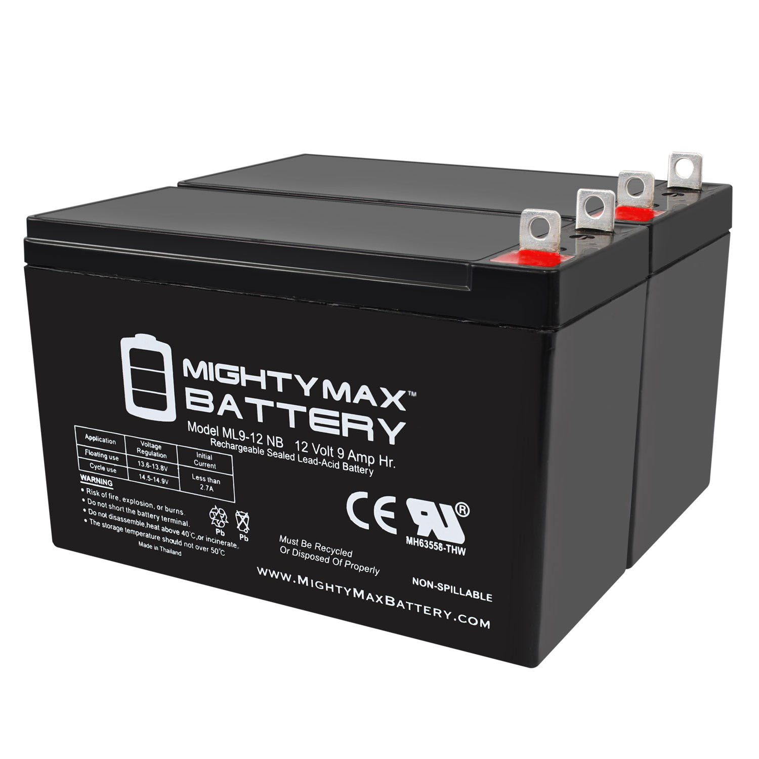 12V 9AH SLA Replacement Battery Compatible with PowerSonic PS-1290NB - 2 Pack
