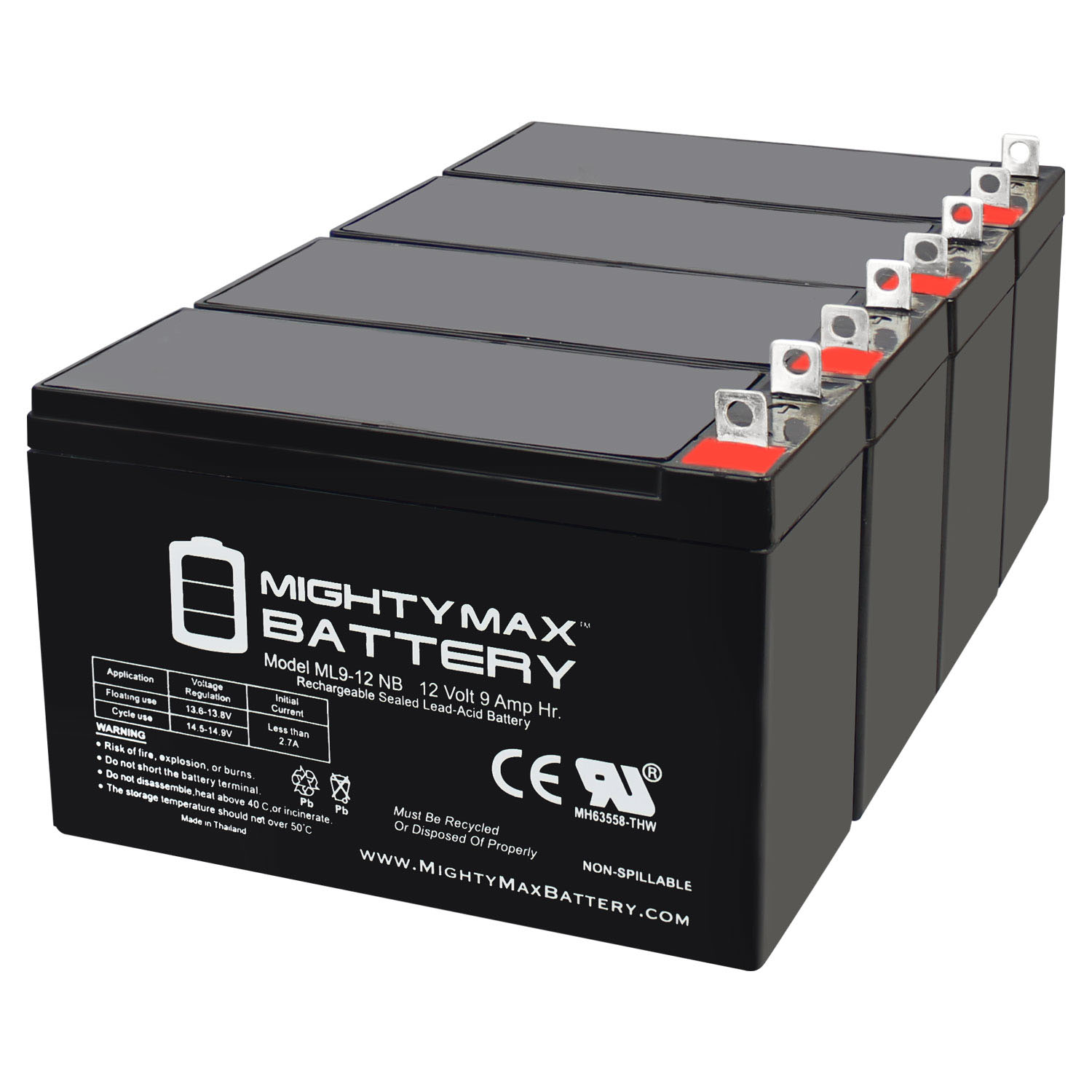 12V 9AH SLA Replacement Battery Compatible with PowerSonic PS-1290NB - 4 Pack