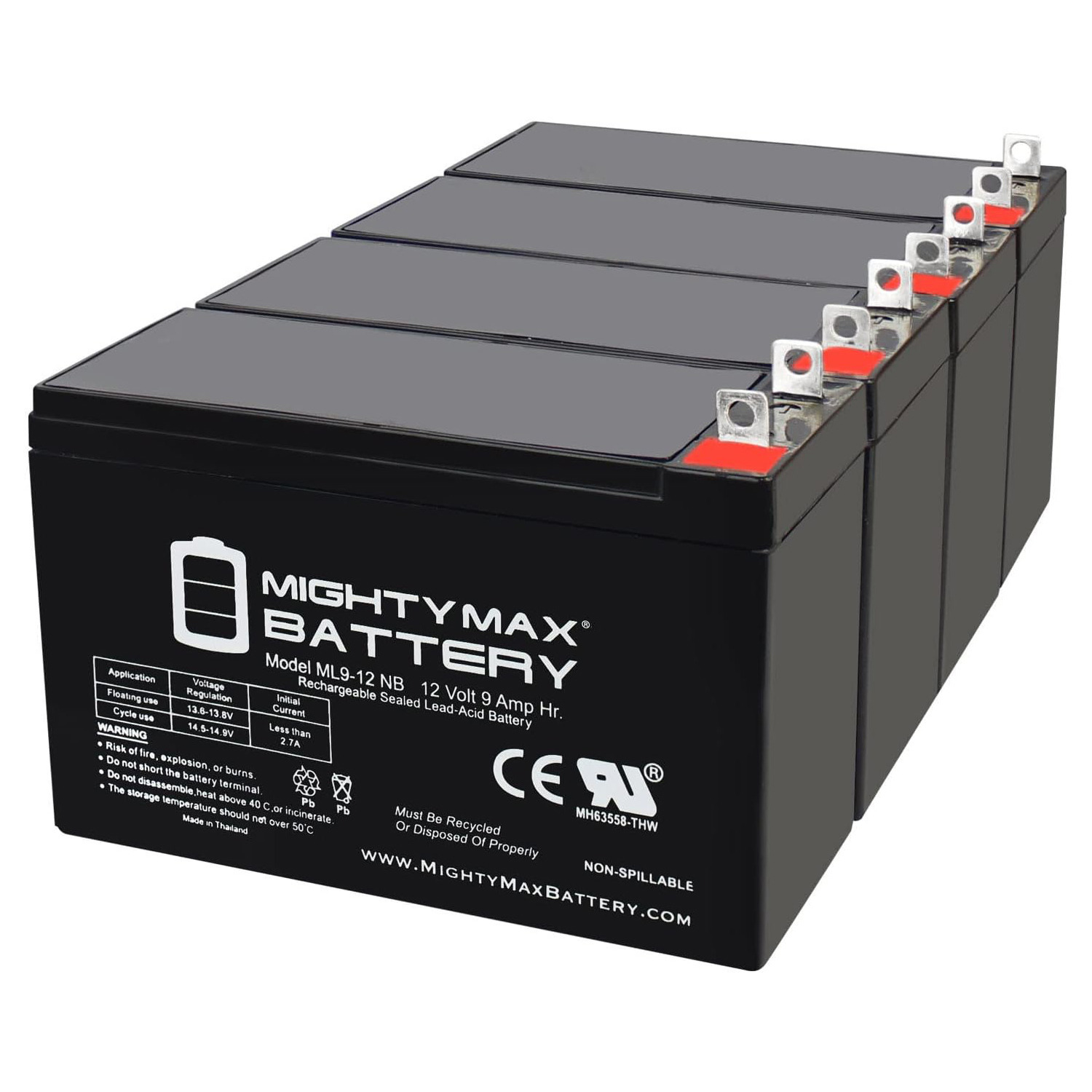 12V 9AH SLA Replacement Battery Compatible with PowerSonic PS-1290NB - 4 Pack