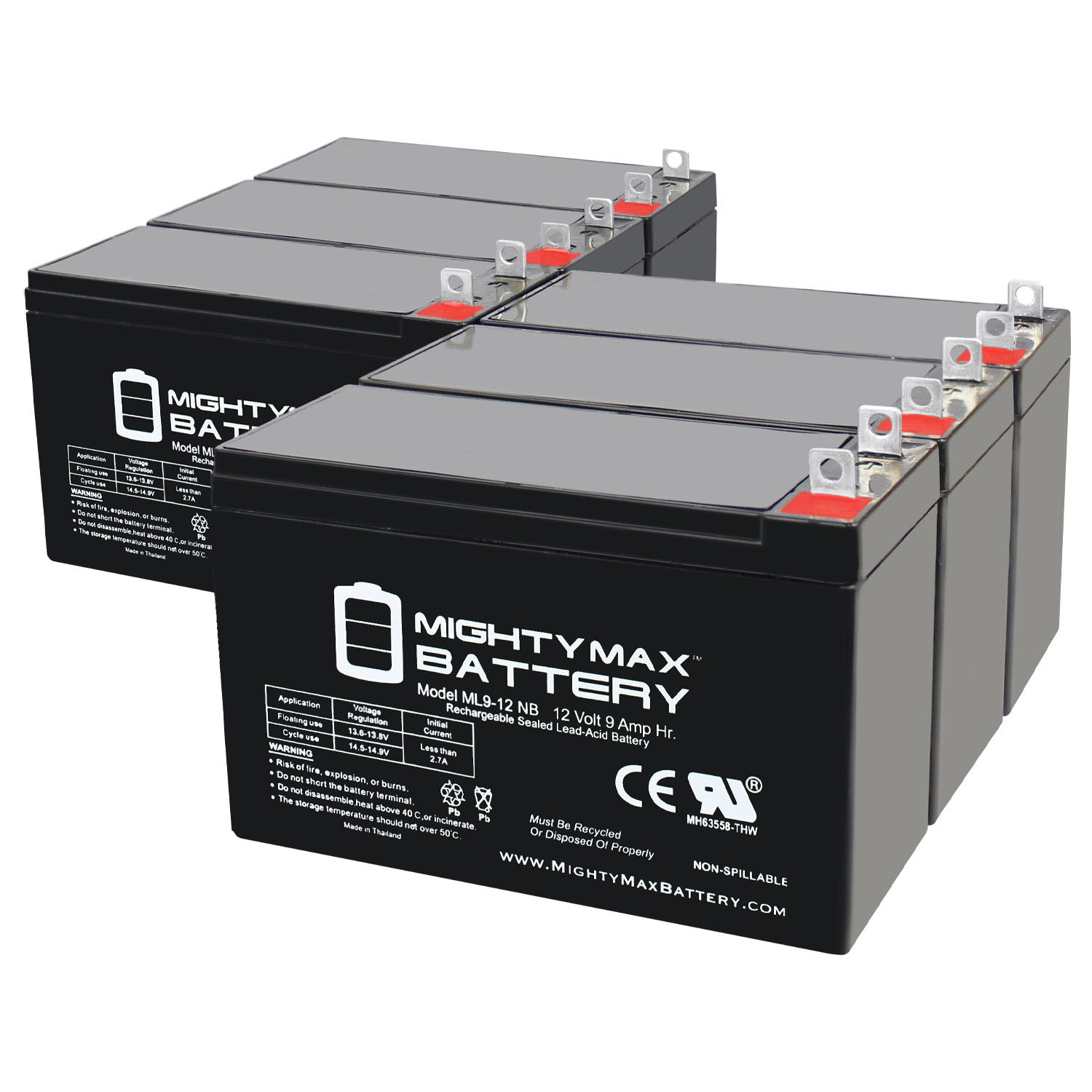 12V 9AH SLA Replacement Battery Compatible with PowerSonic PS-1290NB - 6 Pack