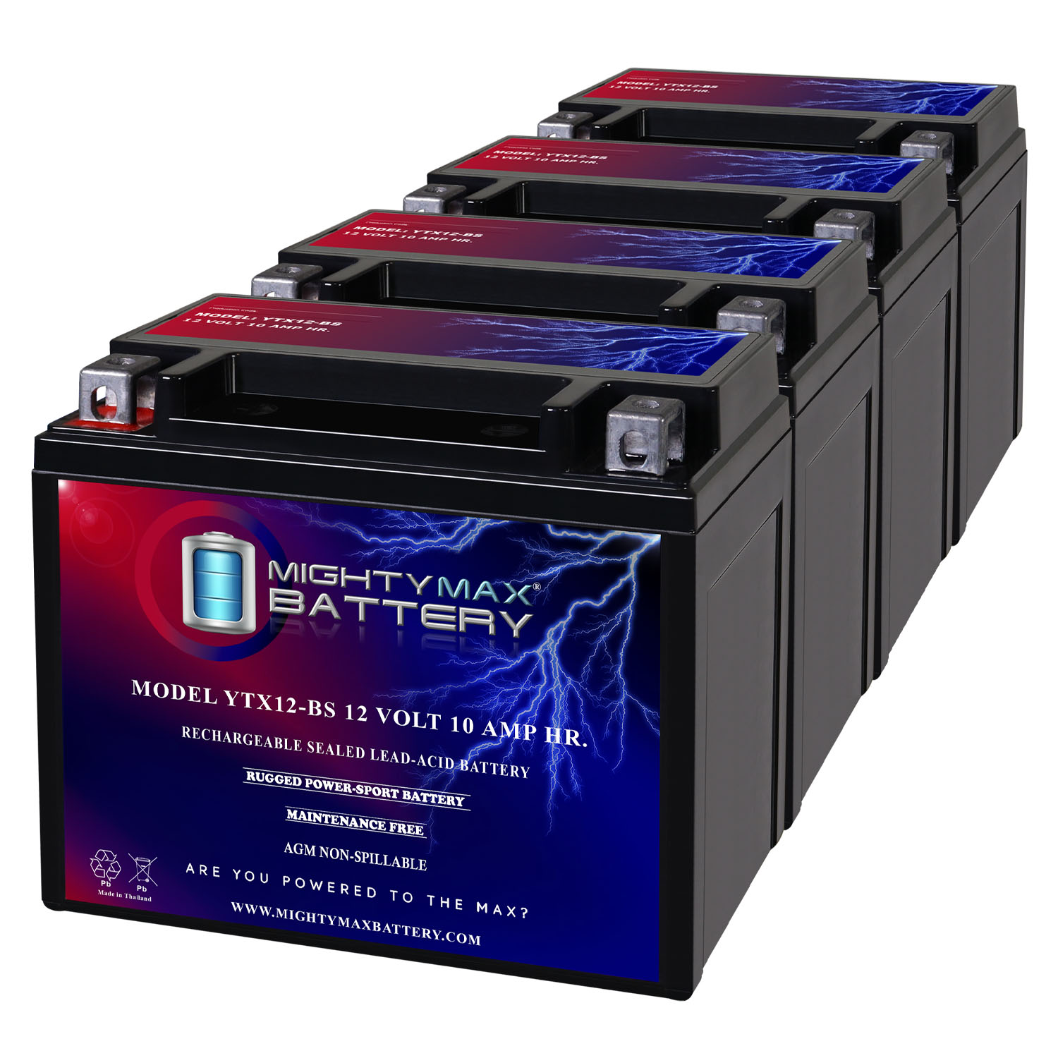 YTX12-BS 12V, 10Ah, AGM, Replacement Battery Compatible with Kawasaki KVF300 Brute Force 24 - 4 Pack