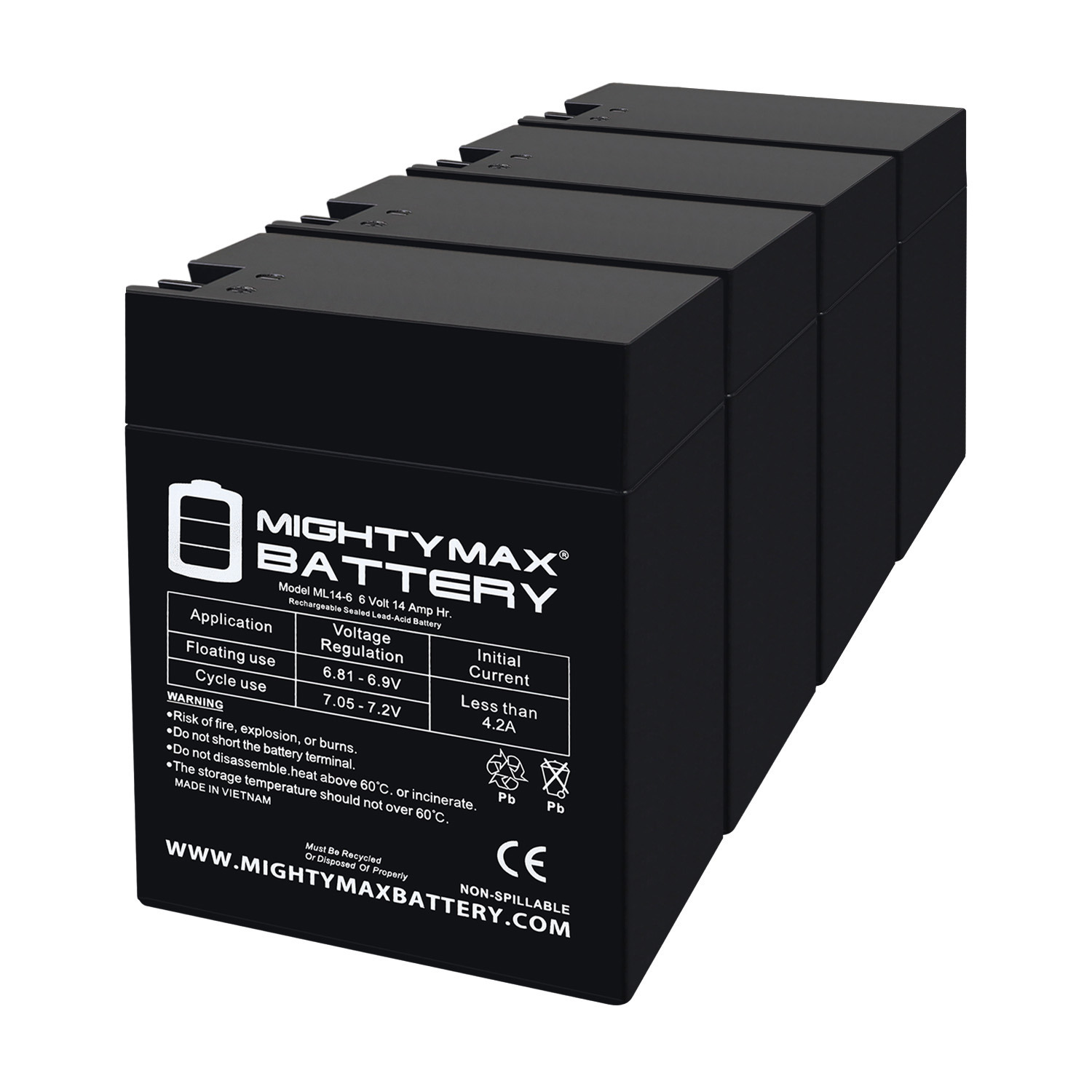 6V, 14Ah, AGM, Fast-on Terminal, Replacement Battery Compatible with Parmak 90 Solar Fence - 4 Pack
