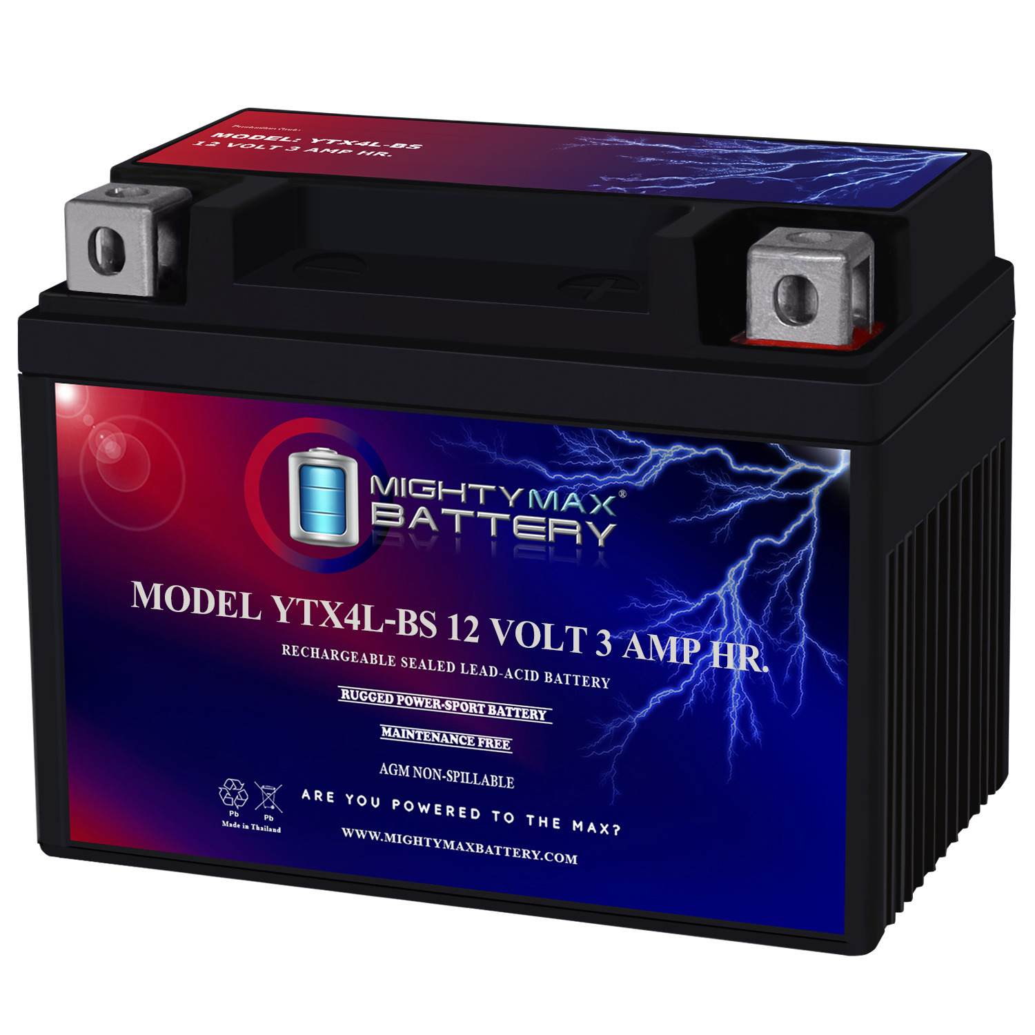 YTX4L-BS - 12 Volt 3 AH, 50 CCA, Rechargeable Maintenance Free SLA AGM Motorcycle Battery - YTX4L-BS