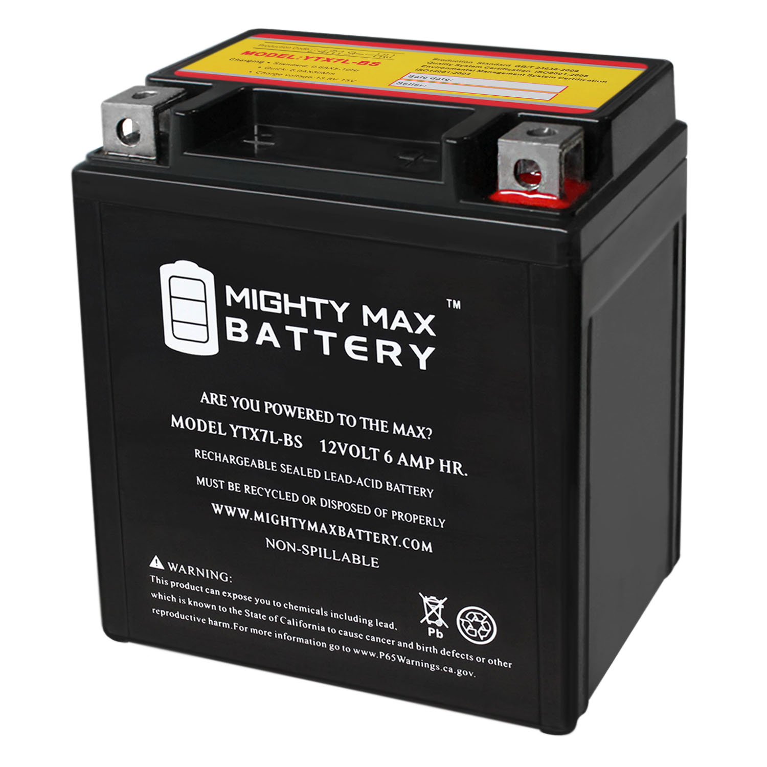 YTX7L-BS -12 Volt 6 AH, 100 CCA, Rechargeable Maintenance Free SLA AGM Motorcycle Battery - YTX7L-BS