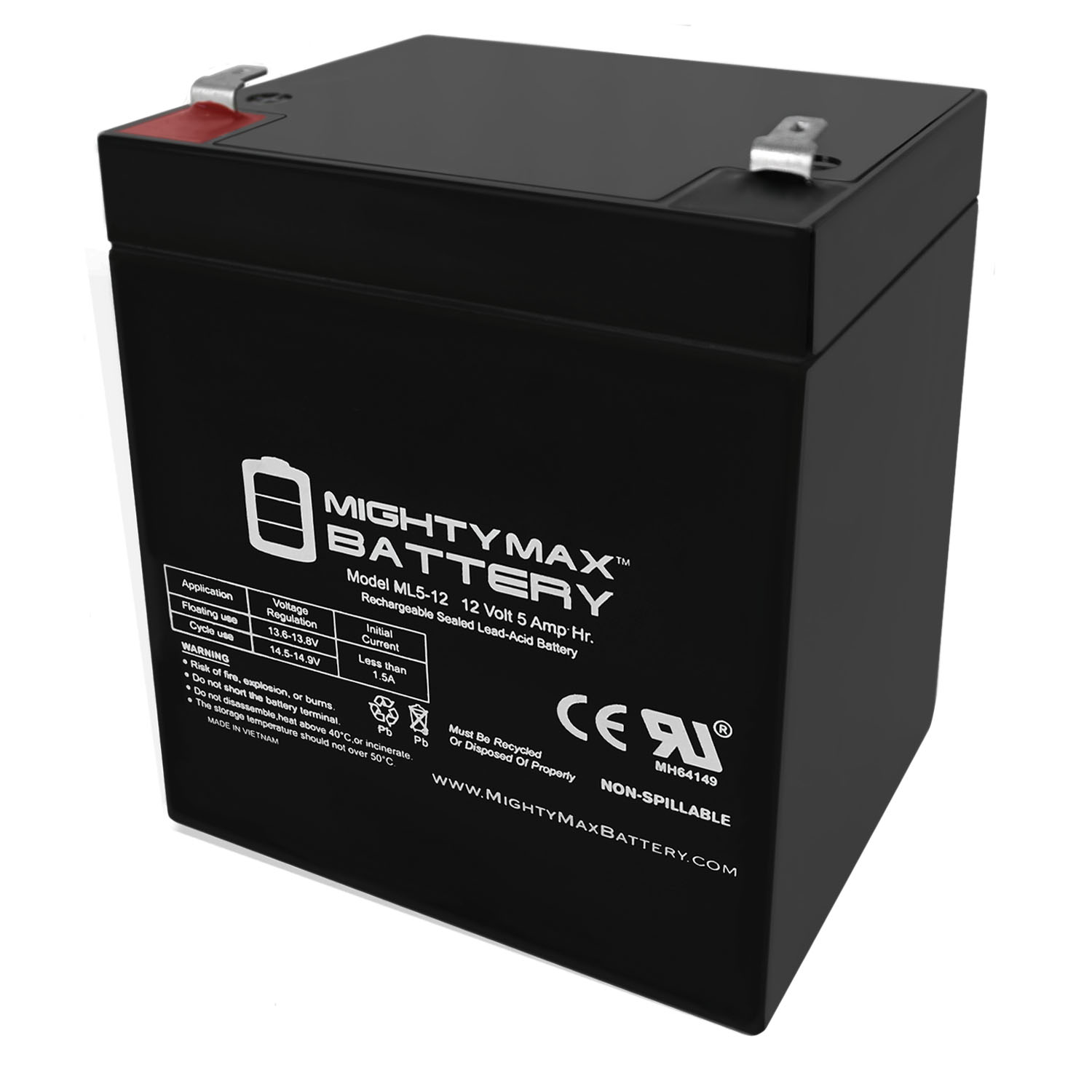ML5-12 - 12 Volt 5 AH, F1 Terminal, Rechargeable SLA AGM Battery - ML5-12