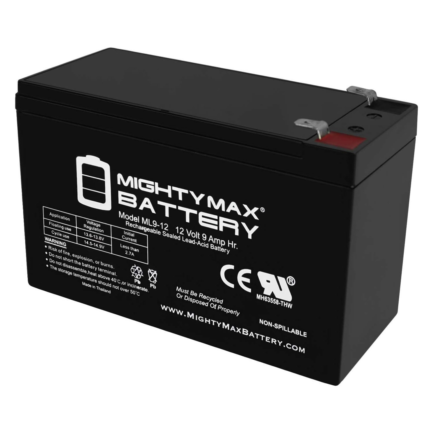 ML9-12 - 12 Volt 9 AH, F2 Terminal, Rechargeable SLA AGM Battery - ML9-12