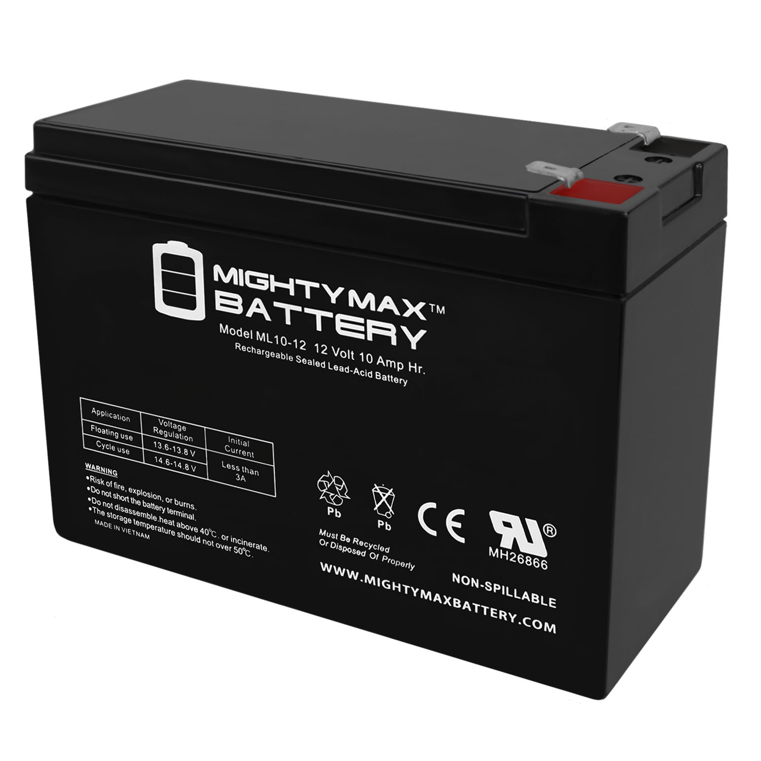 Mighty Max Battery ML10-12 - 12 Volt 10 AH, F2 Terminal, Rechargeable SLA AGM Battery - ML10-12