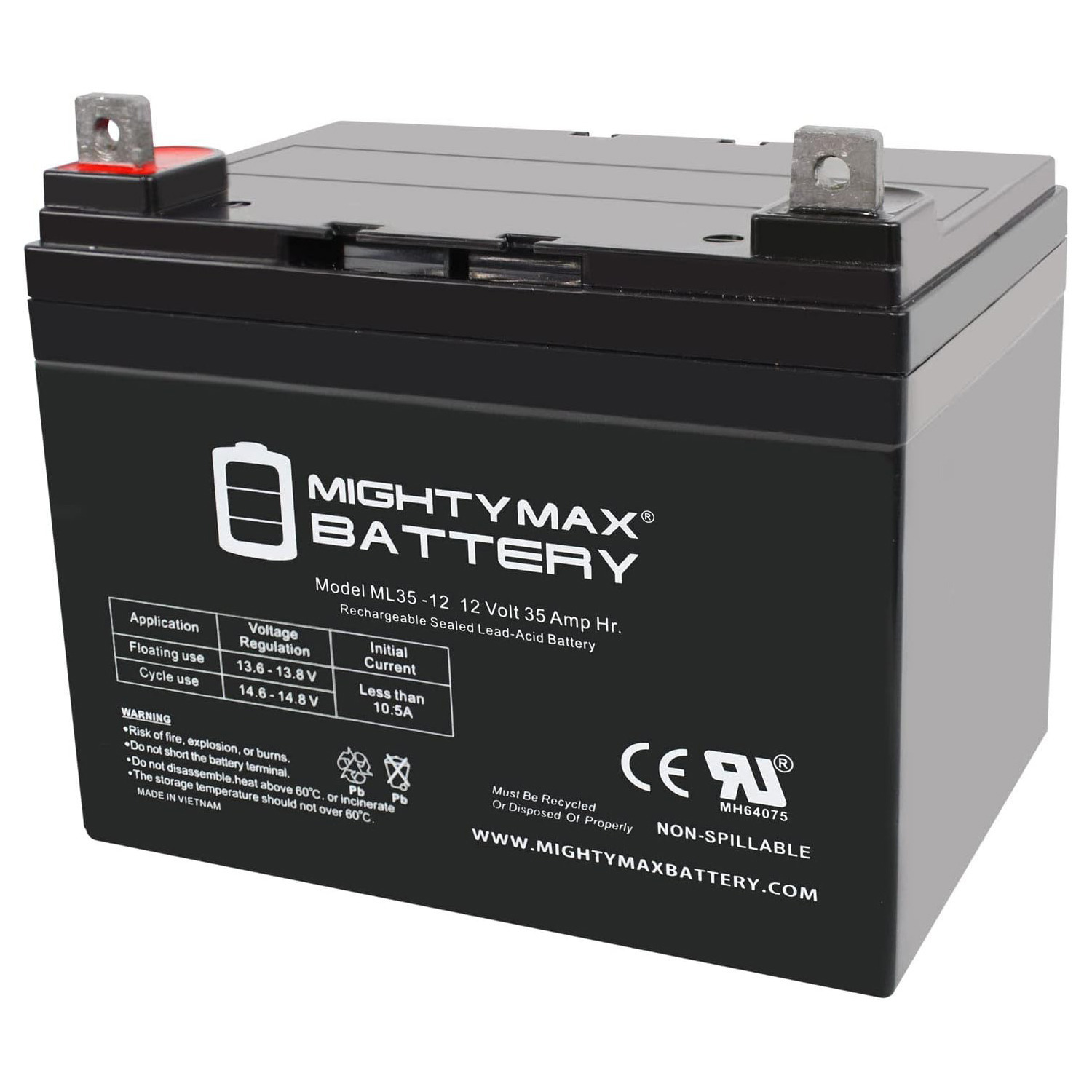 ML35-12 - 12 Volt 35 AH, Nut and Bolt (NB) Terminal, Rechargeable SLA AGM Battery - ML35-12