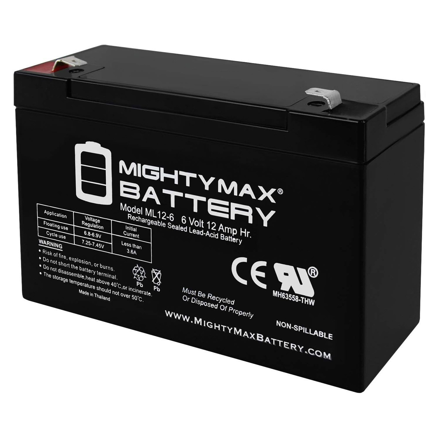ML12-6F2 - 6 Volt 12 AH, F2 Terminal, Rechargeable SLA AGM Battery - ML12-6F2