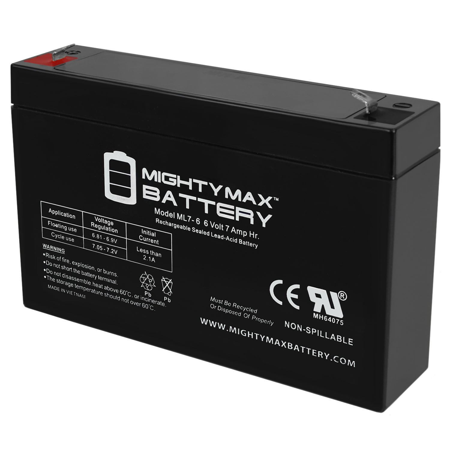 ML7-6 - 6 Volt 7 AH, F1 Terminal, Rechargeable SLA AGM Battery, Mighy Max Product - ML7-6