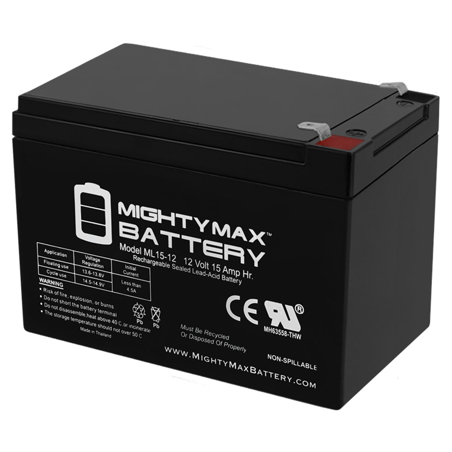 Mighty Max Battery ML15-12 - 12 Volt 15 AH, F2 Terminal, Rechargeable SLA AGM Battery - ML15-12