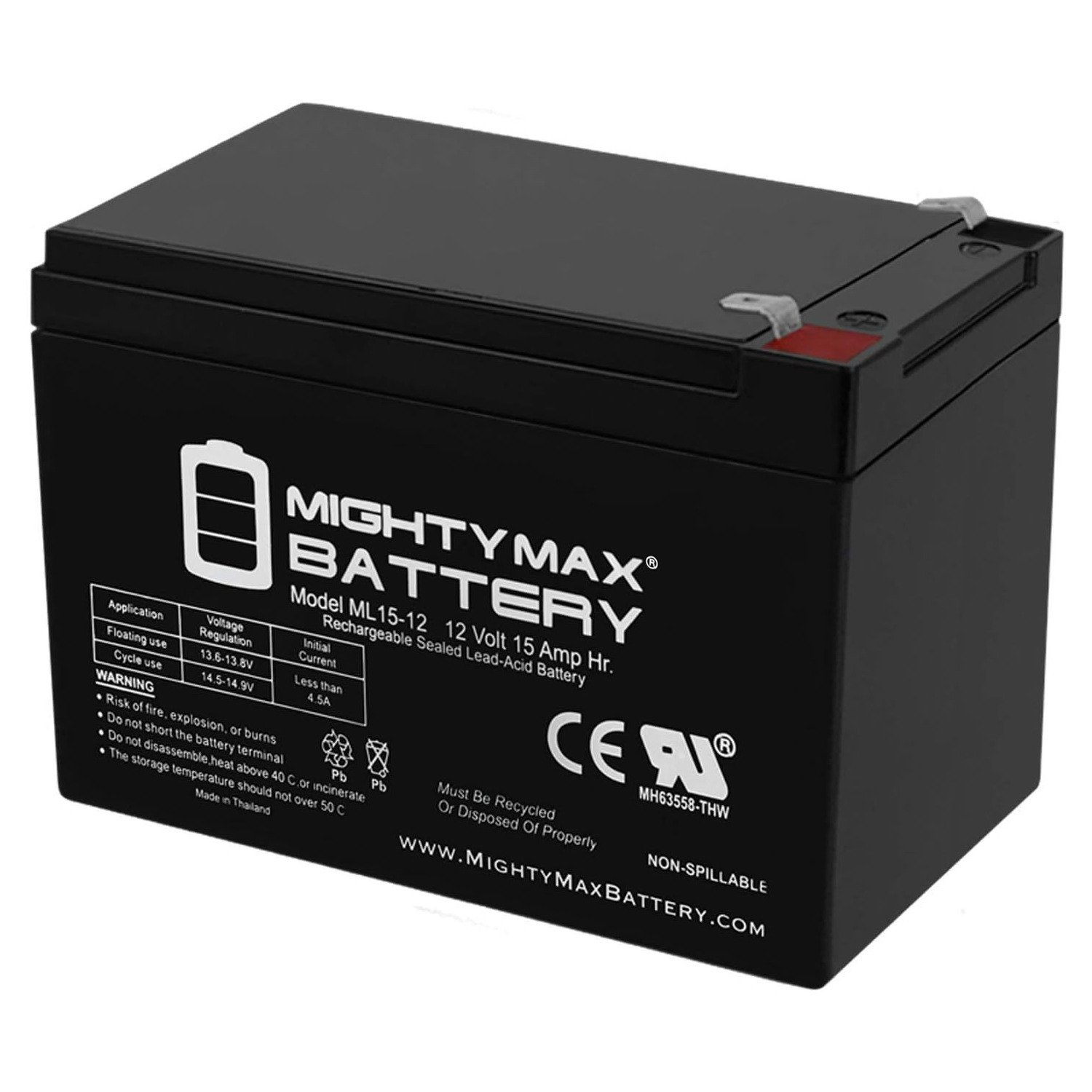 Mighty Max Battery ML15-12 - 12 Volt 15 AH, F2 Terminal, Rechargeable SLA AGM Battery - ML15-12