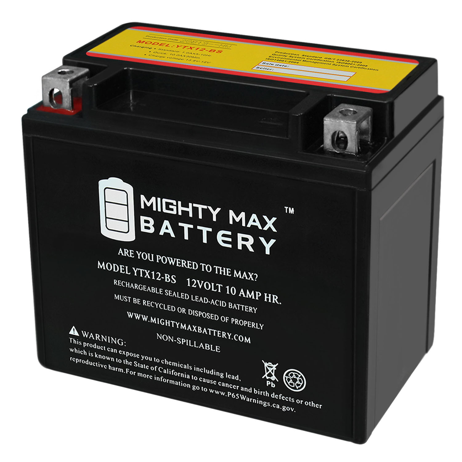 YTX12-BS -12 Volt 10 AH, 180 CCA, Rechargeable Maintenance Free SLA AGM Motorcycle Battery - YTX12-BS