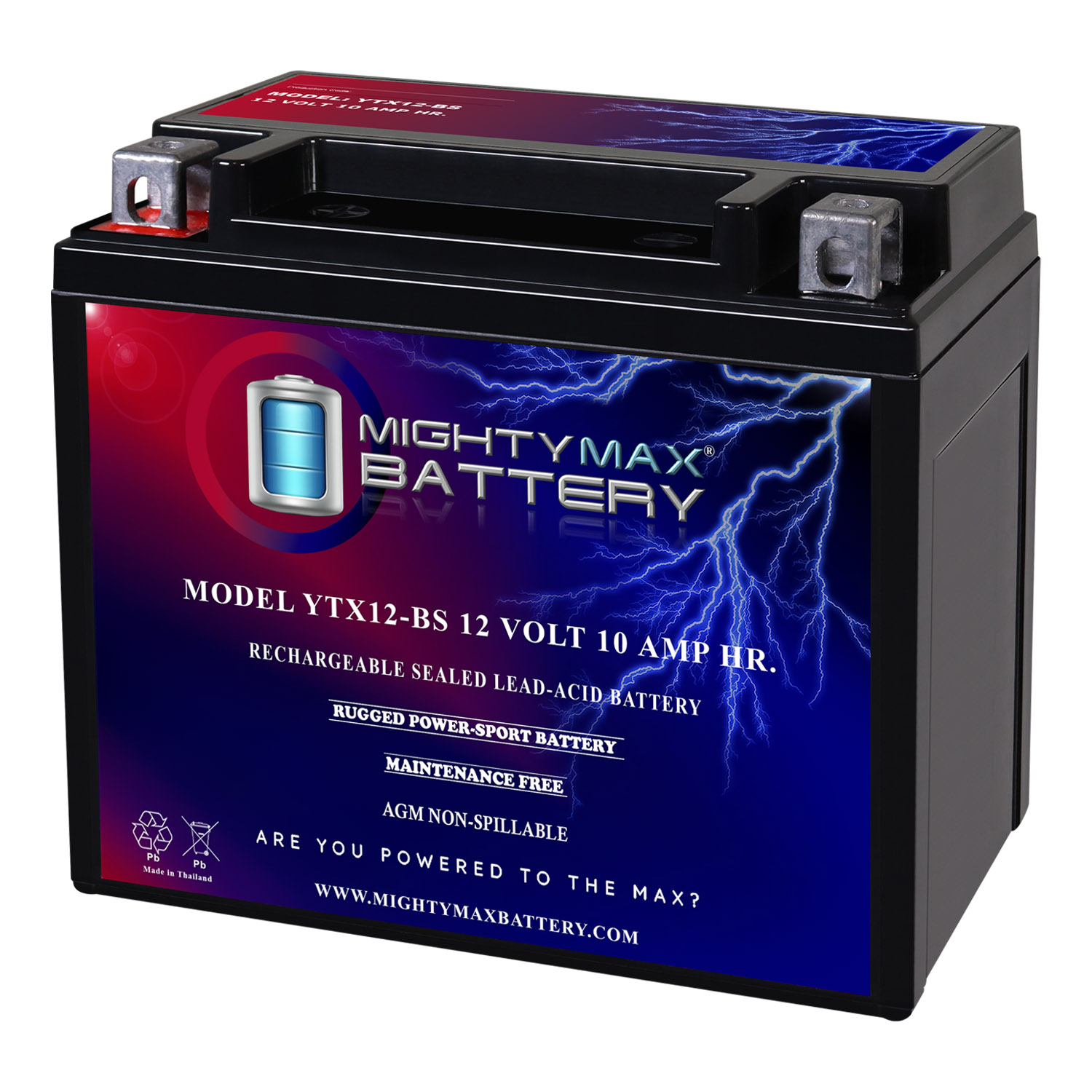 YTX12-BS -12 Volt 10 AH, 180 CCA, Rechargeable Maintenance Free SLA AGM Motorcycle Battery - YTX12-BS