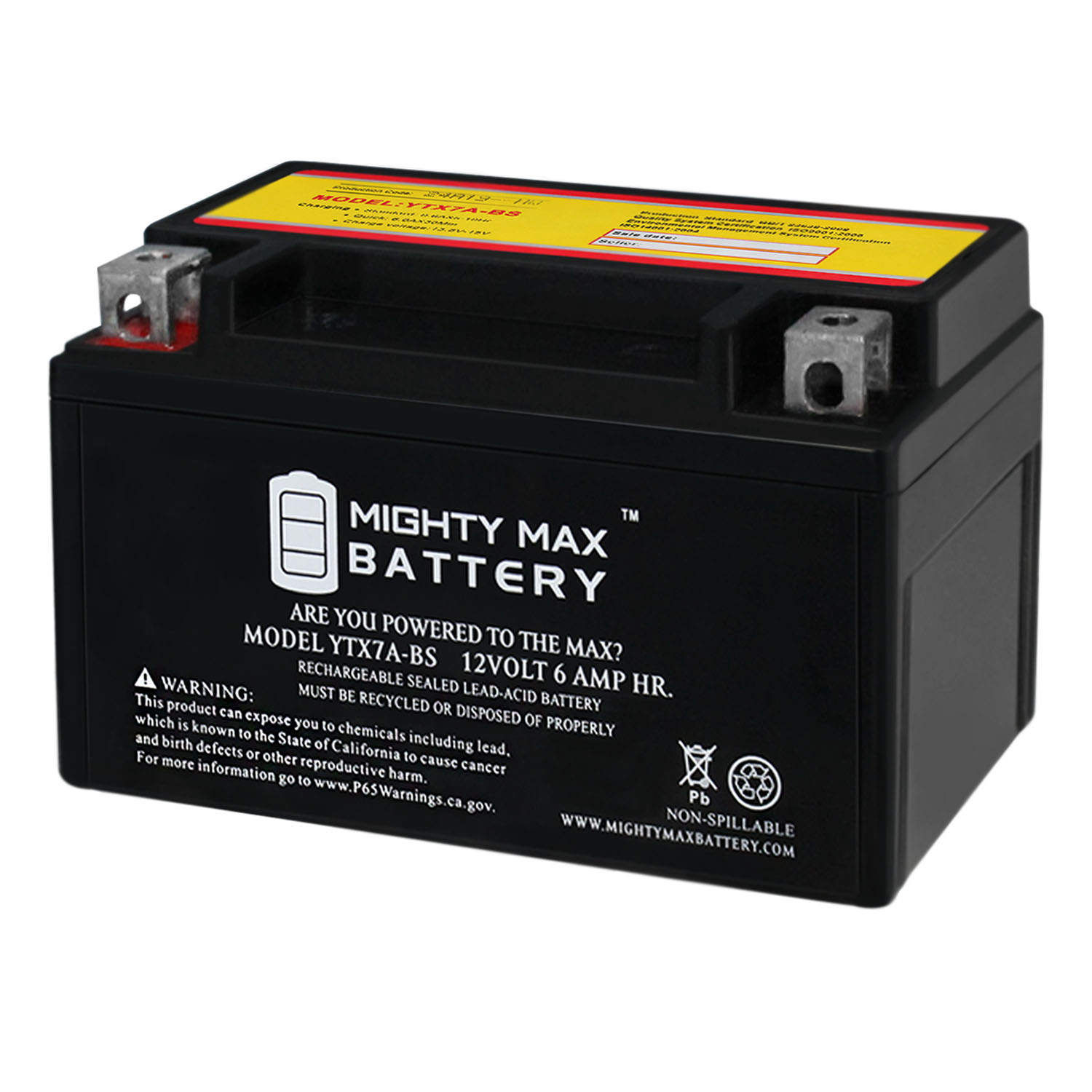 YTX7A-BS -12 Volt 6 AH, 105 CCA, Rechargeable Maintenance Free SLA AGM Motorcycle Battery - YTX7A-BS