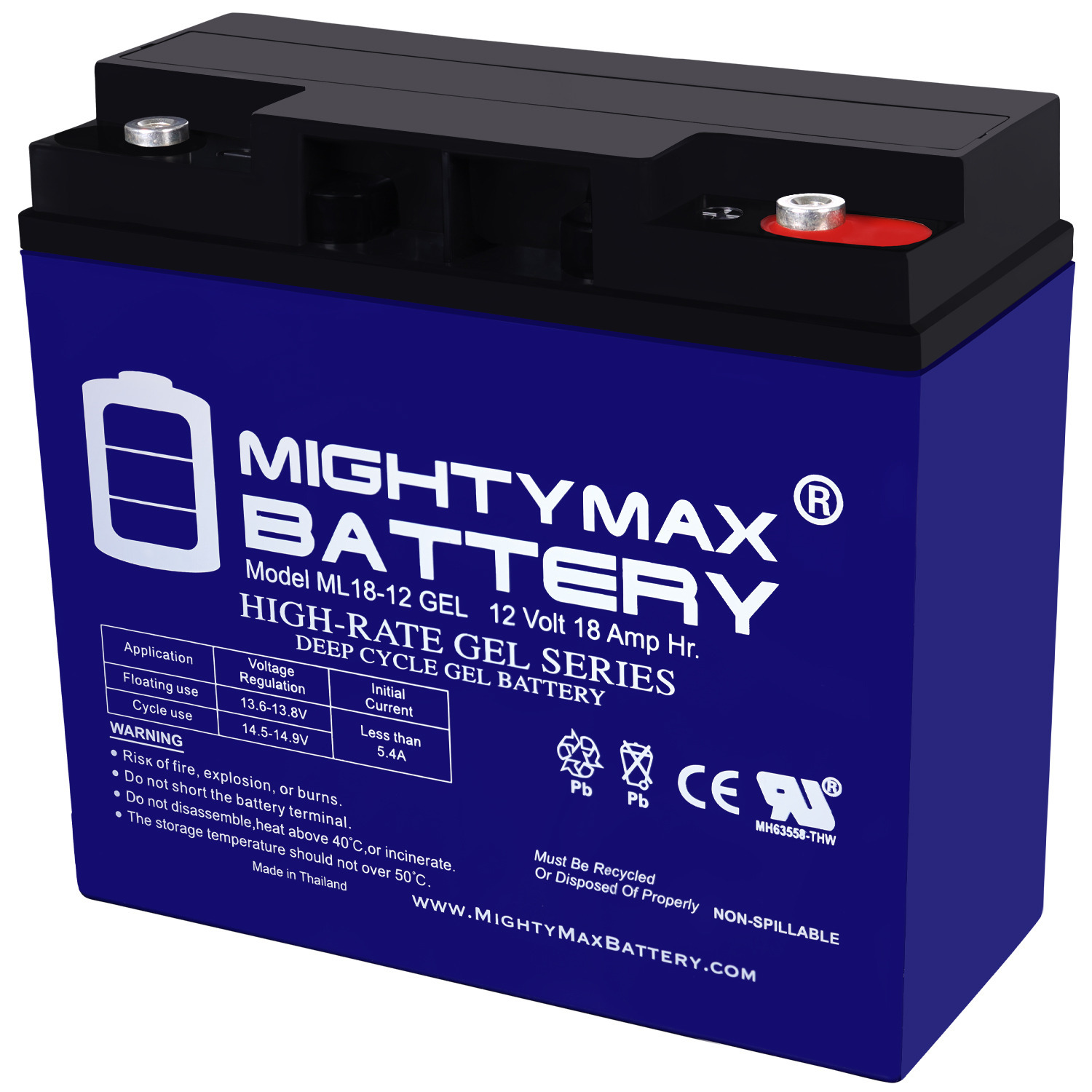 ML18-12GEL - 12 Volt 18 AH, GEL Type, Internal Thread (INT) Terminal, Rechargeable SLA AGM Battery - ML18-12GEL