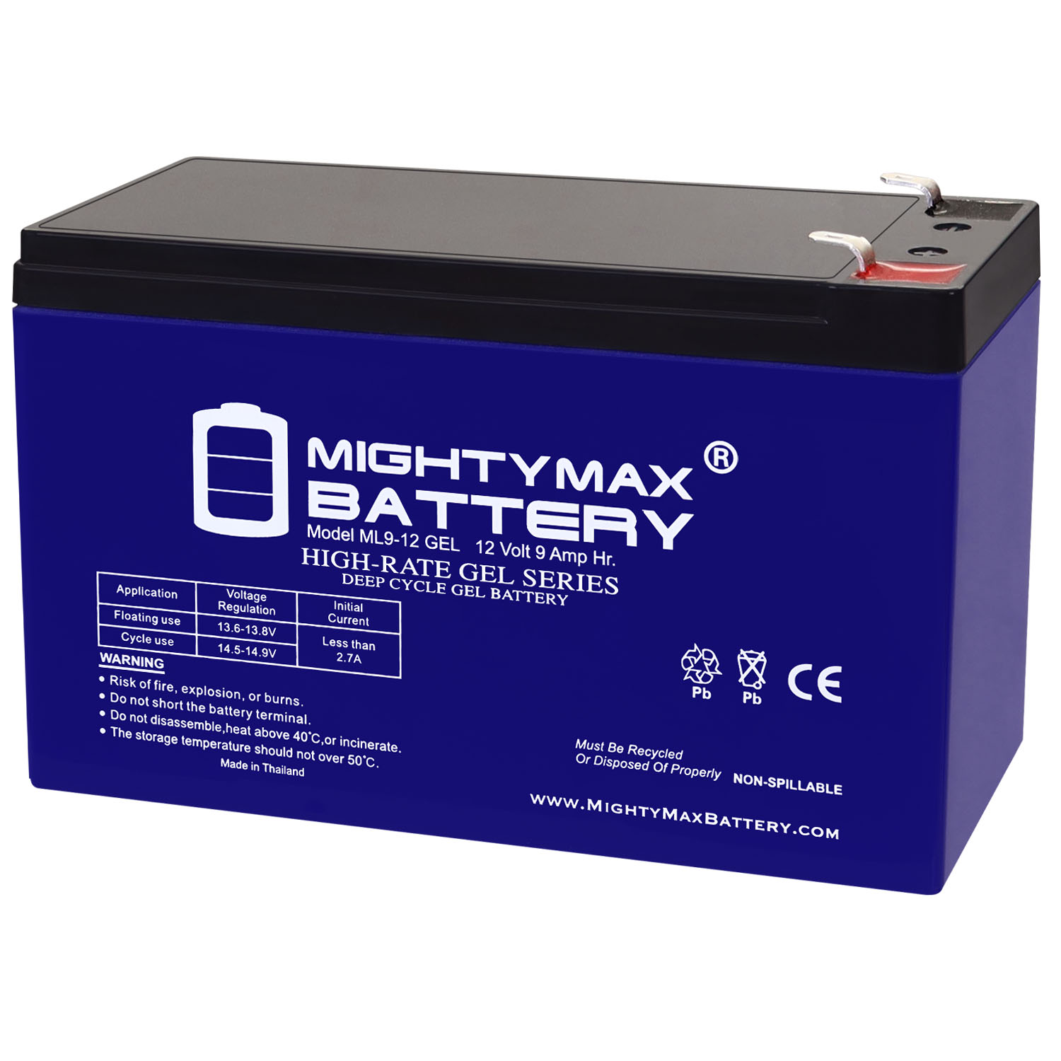 ML9-12GEL - 12 Volt 9 AH, GEL Type, F2 Terminal, Rechargeable SLA AGM Battery - ML9-12GEL
