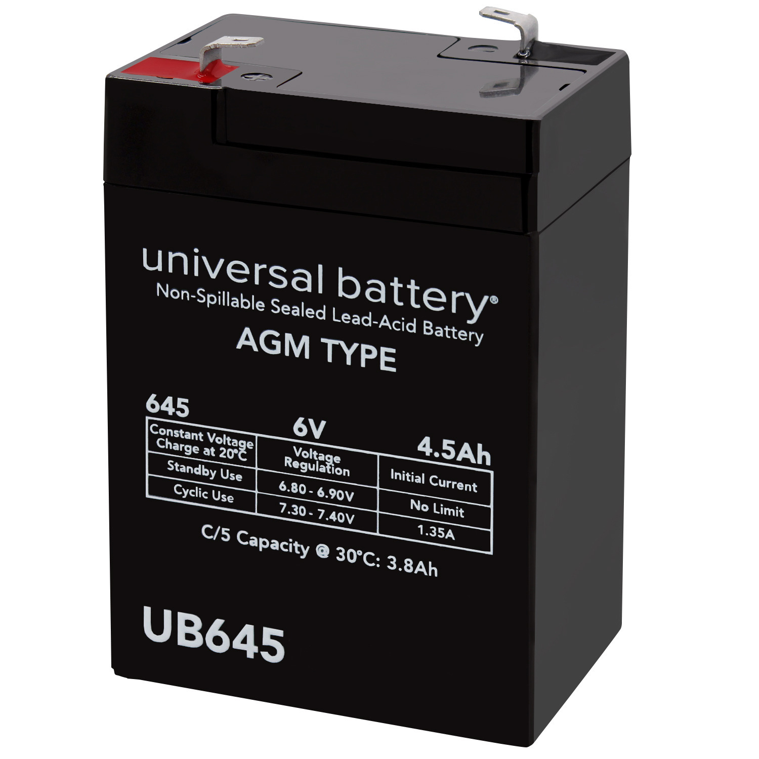 UB645 6V 4.5AH Sealed Lead Acid Battery (SLA) .187 TT - UB645